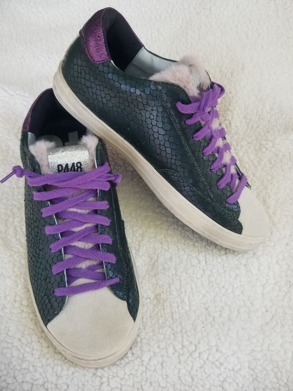 P448 Women’s Sneakers in Green Snake Skin with Purple Accents